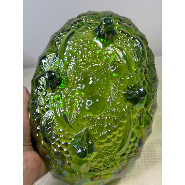 Green Indiana Carnival Glass Footed Bowl Harvest Grape Pattern Vintage