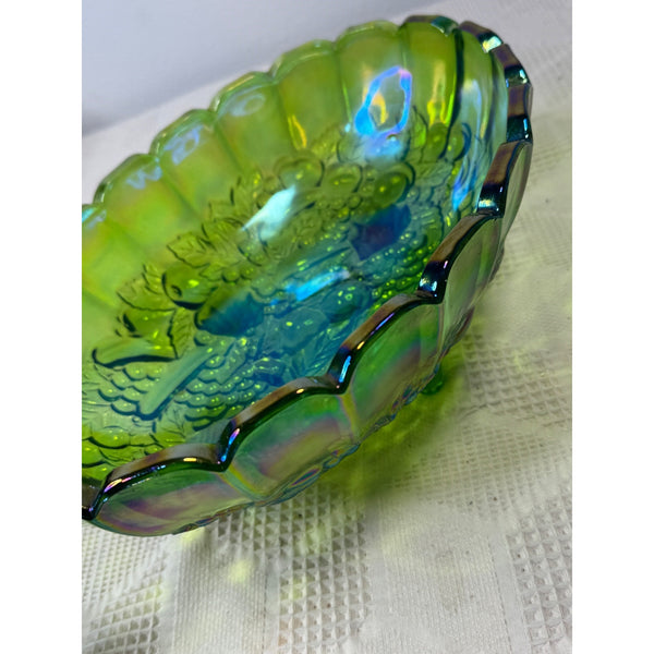 Green Indiana Carnival Glass Footed Bowl Harvest Grape Pattern Vintage