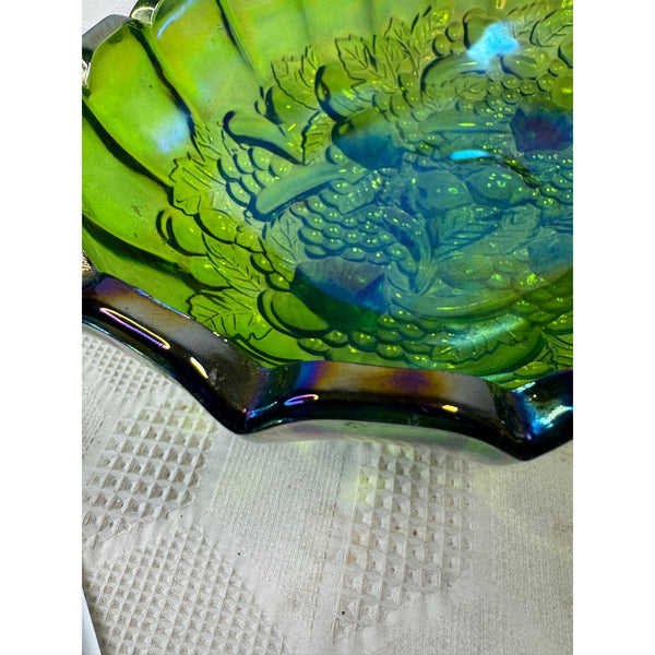 Green Indiana Carnival Glass Footed Bowl Harvest Grape Pattern Vintage