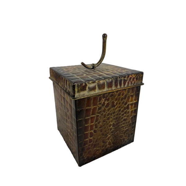 Alligator Textured Metal Storage Box With Lid and Decorative Handle Unique Decor (gently used). A square decorative box with a textured crocodile-embossed lid and a curved metal handle on top, shown on a white textured surface against a plain light background.
