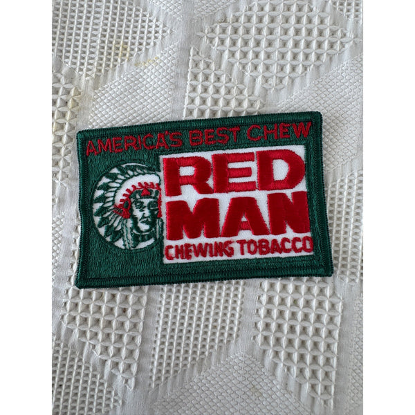 Red Man Chewing Tobacco Embroidered Patch Vintage 1970s Green and Red NOS