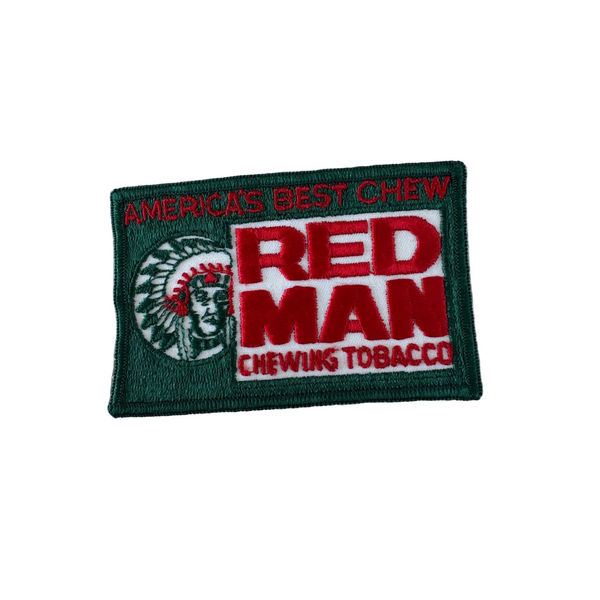 Red Man Chewing Tobacco Embroidered Patch Vintage 1970s Green and Red NOS