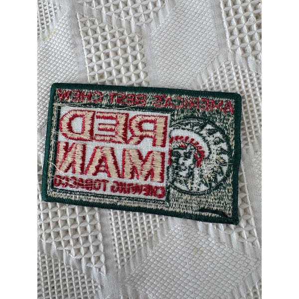 Red Man Chewing Tobacco Embroidered Patch Vintage 1970s Green and Red NOS