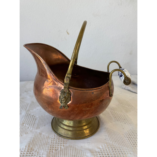 Antique Copper and Brass  Coal Scuttle w Delft Ceramic Handle and Lion Motif