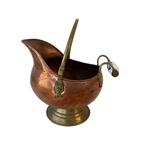 Antique Copper and Brass  Coal Scuttle w Delft Ceramic Handle and Lion Motif