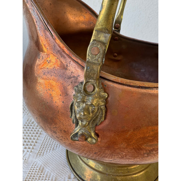 Antique Copper and Brass  Coal Scuttle w Delft Ceramic Handle and Lion Motif