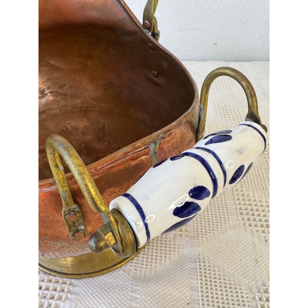 Antique Copper and Brass  Coal Scuttle w Delft Ceramic Handle and Lion Motif