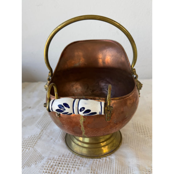 Antique Copper and Brass  Coal Scuttle w Delft Ceramic Handle and Lion Motif