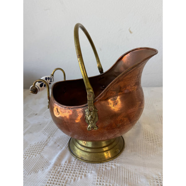 Antique Copper and Brass  Coal Scuttle w Delft Ceramic Handle and Lion Motif
