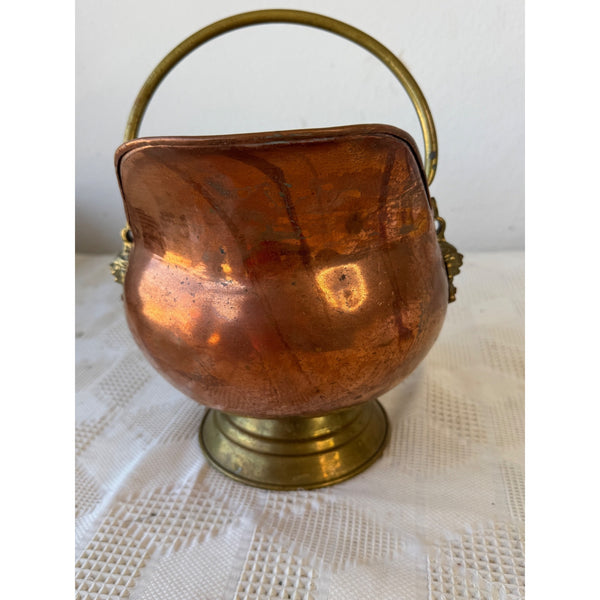 Antique Copper and Brass  Coal Scuttle w Delft Ceramic Handle and Lion Motif