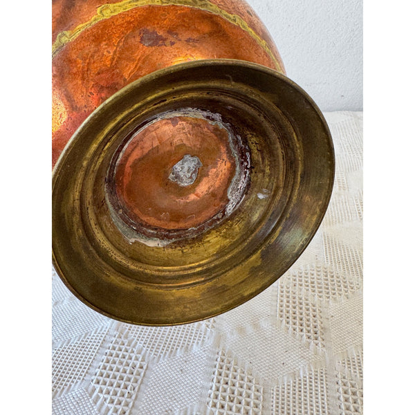 Antique Copper and Brass  Coal Scuttle w Delft Ceramic Handle and Lion Motif