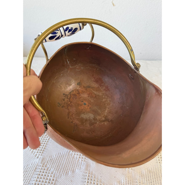 Antique Copper and Brass  Coal Scuttle w Delft Ceramic Handle and Lion Motif