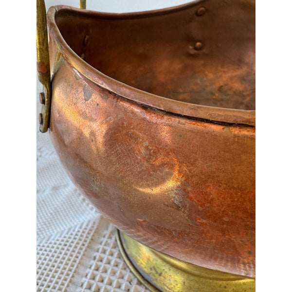 Antique Copper and Brass  Coal Scuttle w Delft Ceramic Handle and Lion Motif
