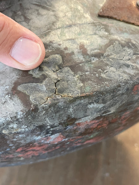 Primitive Hammered Copper Water Jug crack