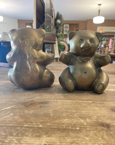 Vintage brass bear bookends front and back view 