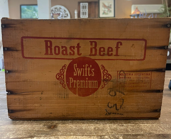Vintage Swifts premium roast beef crate front view has writing on the lower right side