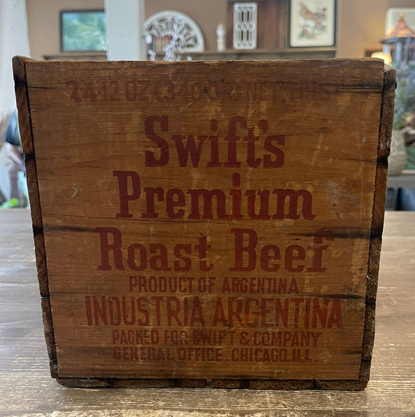 Vintage Swifts premium roast beef crate side view 1 has logo, packing information, weight information, and origination