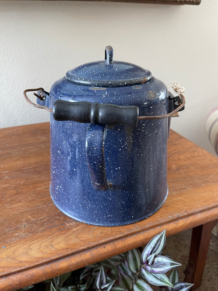 Large antique blue graniteware coffee pot wooden handle