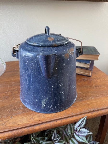 Large antique blue graniteware coffee pot spout