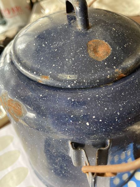 Large antique blue graniteware coffee pot chips
