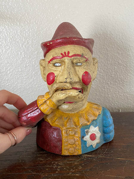 Antique Iron mechanical clown bank, with lever up/