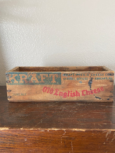 Antique Kraft wooden cheese box back view with dark matter. 