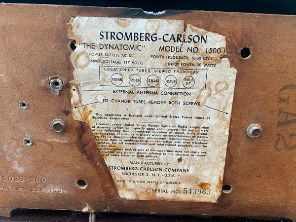 Vintage Stormberg Carlson Model 1500H AM Tube Radio Label