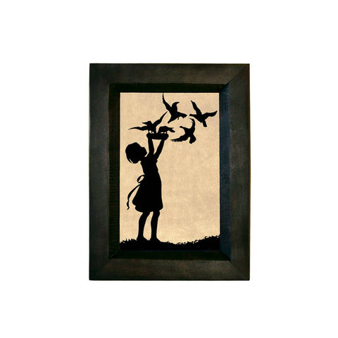 4" x 6"Child Feeding Birds Printed Silhouette in Black Frame
