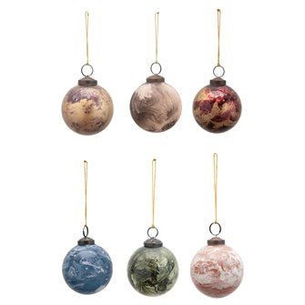 3" Round Glass Ball Ornament w/ Marbled Finish,  colors